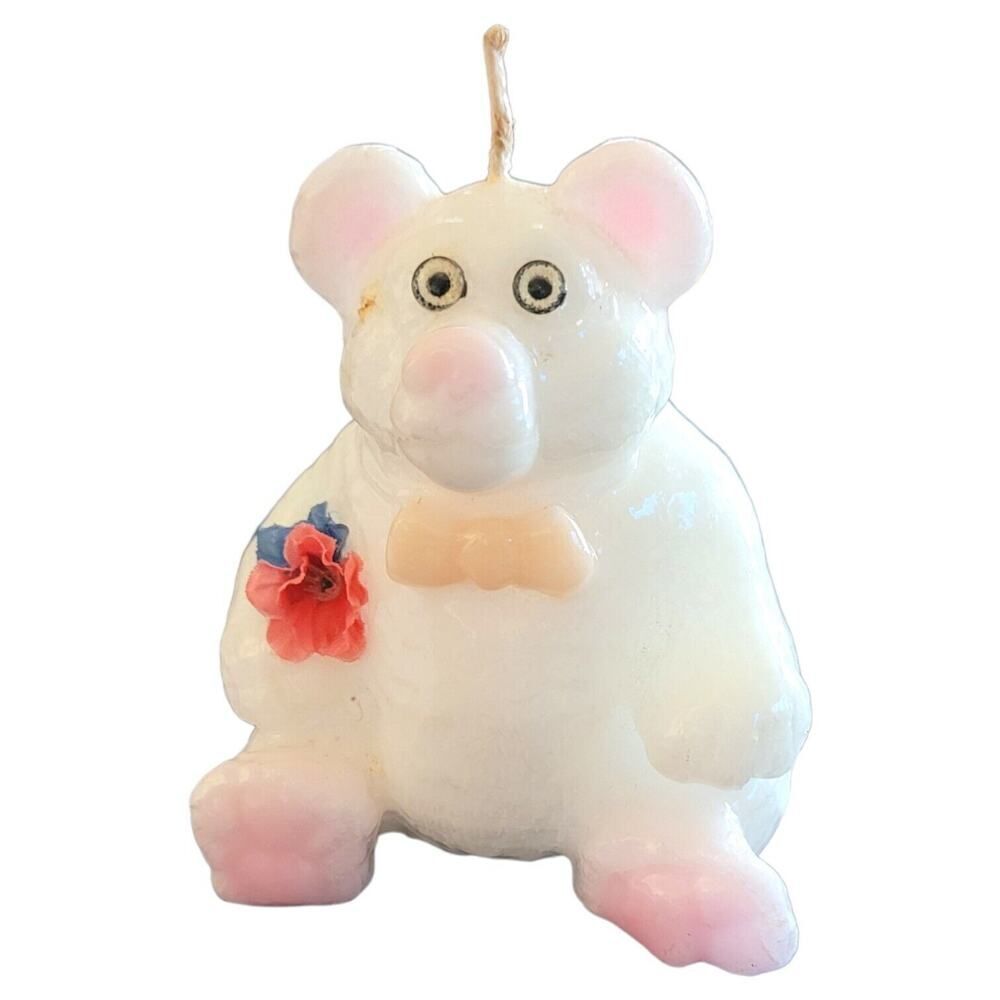 Vintage Teddy Bear w/Flower White & Blush Pink 4" Candle Handmade Lorelei Candle